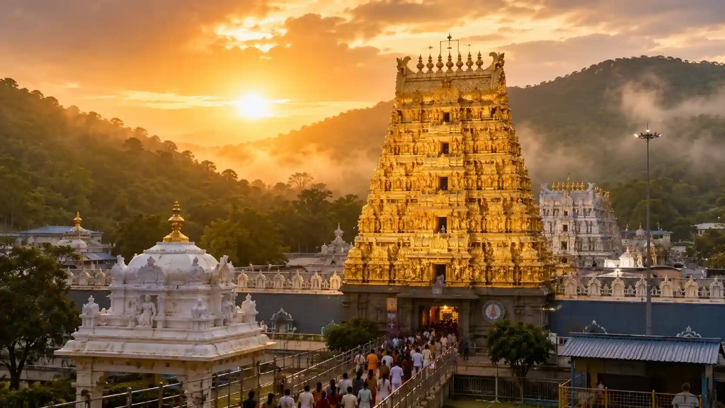 Tirumala Tirupati temple golden gopuram at sunrise